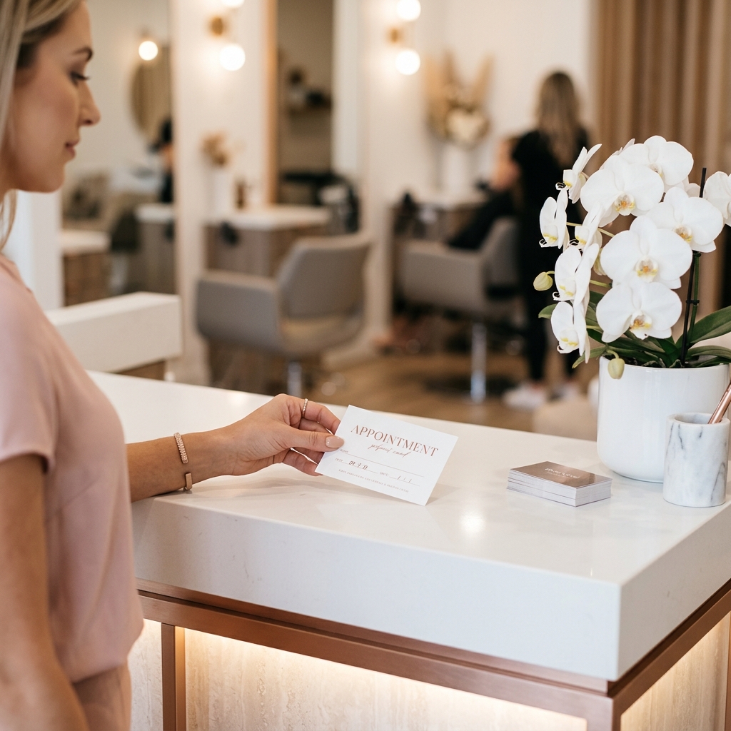 Salon receptionist welcoming a client at a modern beauty salon
